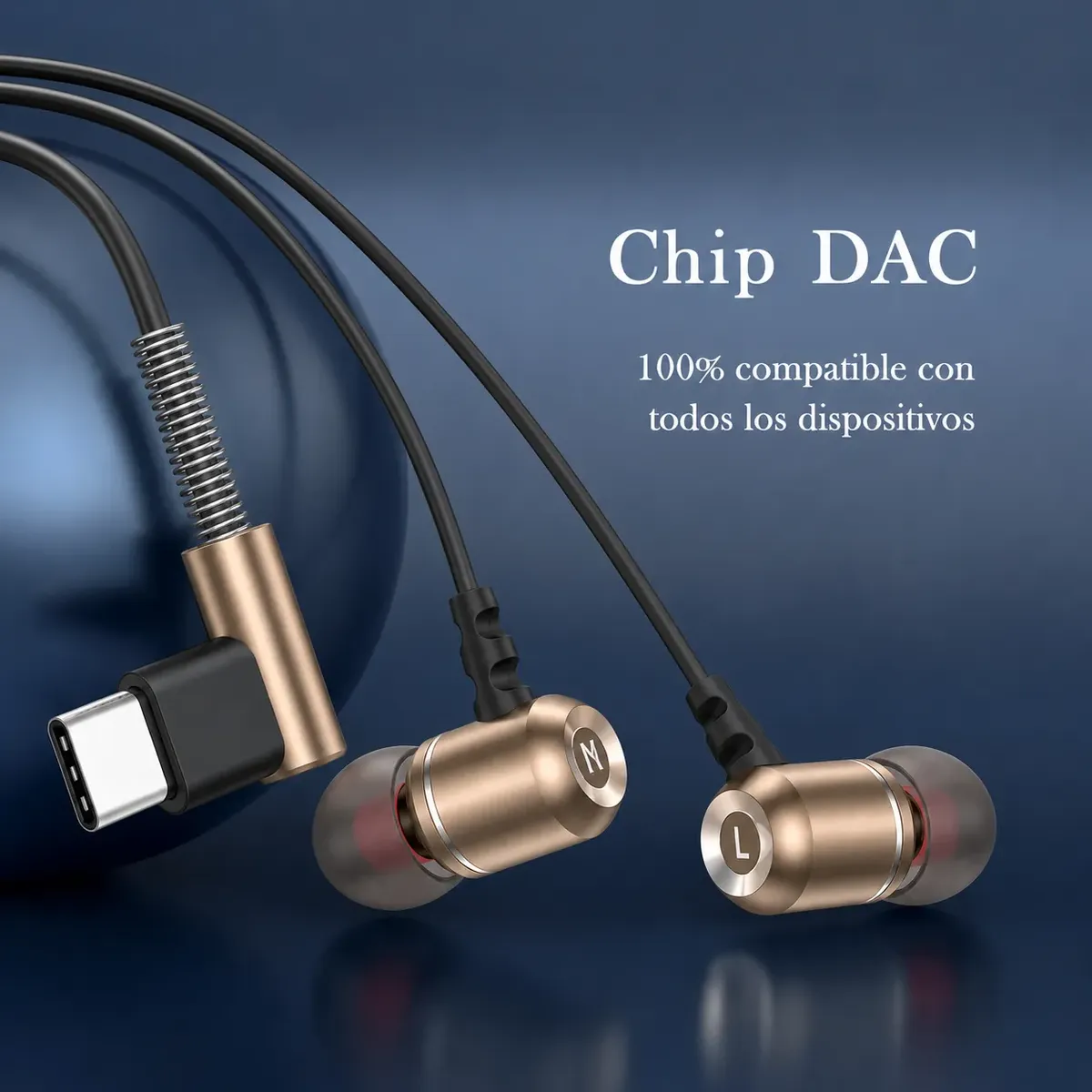 Auriculares USB-C 90° dorado - chip DAC, compatible con todo dispositivo
