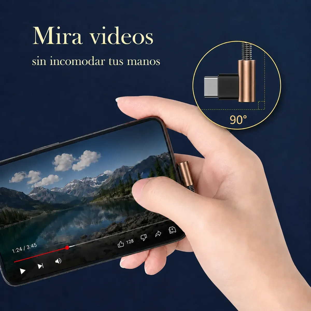 Auriculares USB-C 90° dorado - conector en L, mira videos sin incomodar tus manos