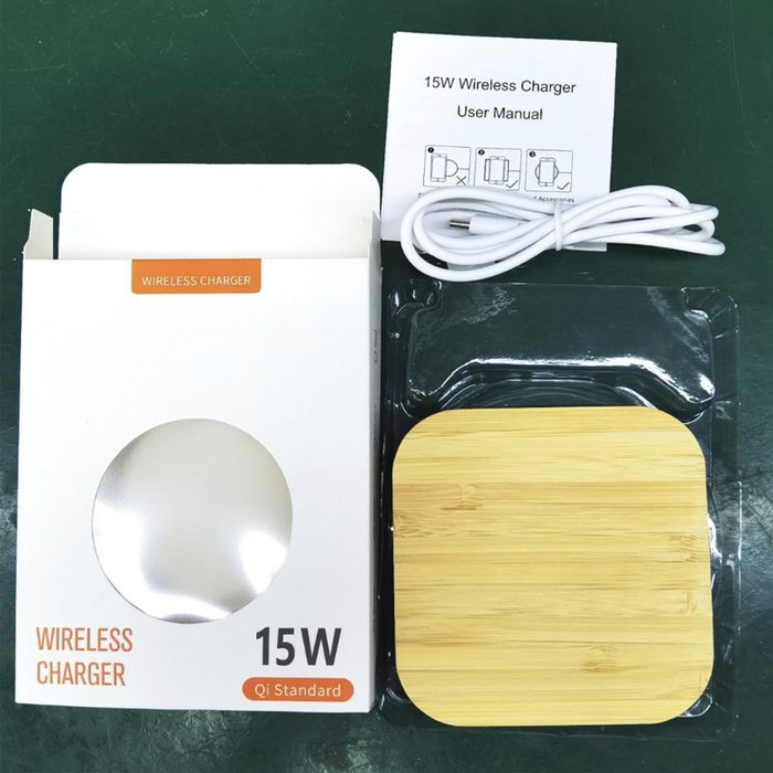 Cargador inalámbrico de bambú, empaque 15W Qi Standard