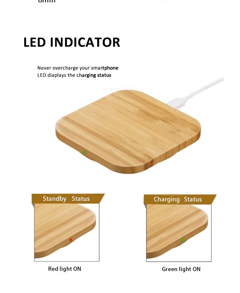 Cargador inalámbrico de bambú con indicador LED de carga